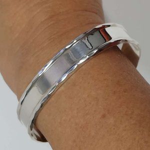 Sterling Silver 925 Cuff Bracelet with Hammered Edges, Art Deco Style